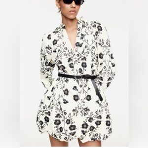H&M BELTED BUBBLE-HEM Floral Black and White Dress - XL